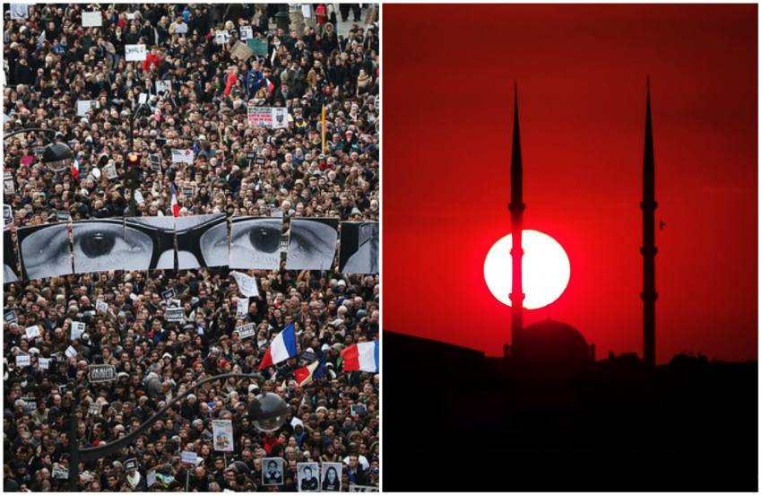 Charlie Hebdo protest, left, Istanbul mosque, right